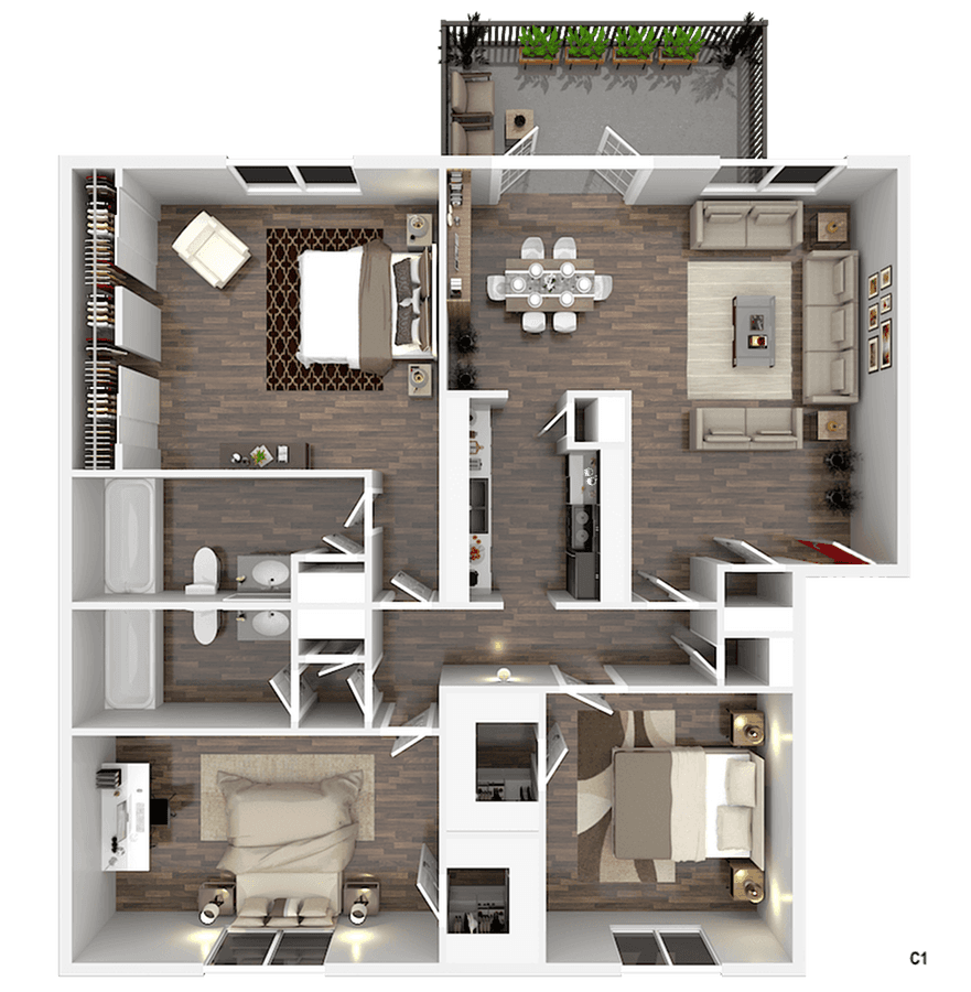 Three Bedroom, Two Bathroom floor plan